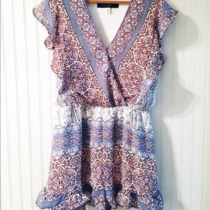 Francesca’s Blue Rain Romper Blue & Purple Floral